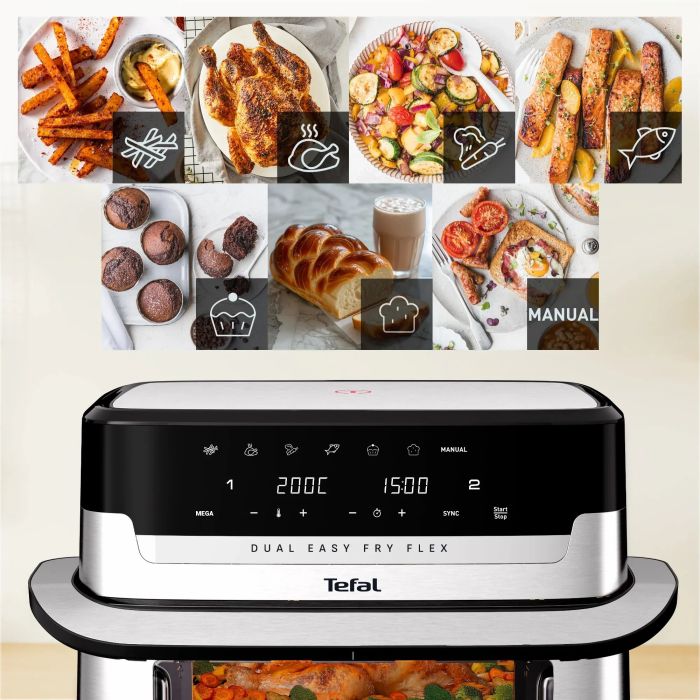 Мультипіч Tefal Dual Easy Fry Flex, 2700Вт, чаша-5.5+3.5л, сенсорне керув., з віконцем, 2 чаши, гриль, пластик, чорний-нерж. сталь