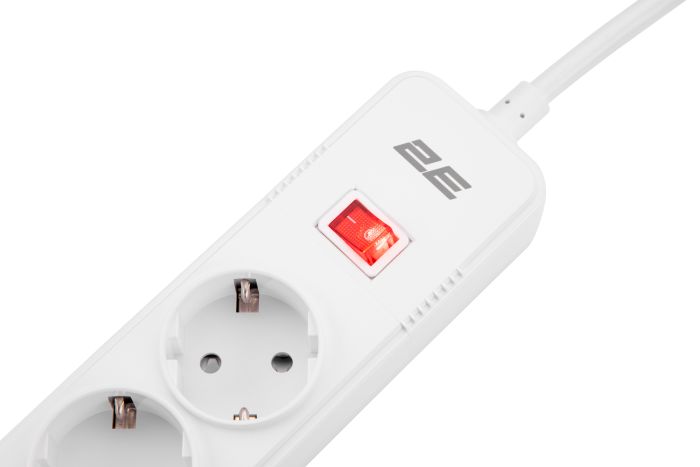 Подовжувач-фільтр мережевий 2E 5xТип F, 3x1.5мм кв, 16A, 3xUSB-A, з захистом від перенапруги, 2м, білий