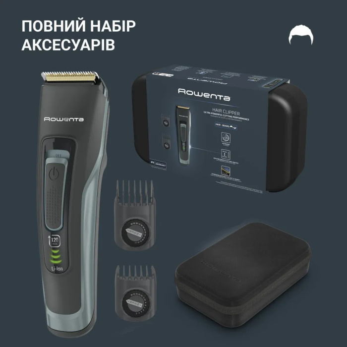 Машинка для стрижки Rowenta Advancer, для бороди, вусів, голови, мережа+акум., роторний мотор, насадок-2, кейс, титан.напил., темно-зелений