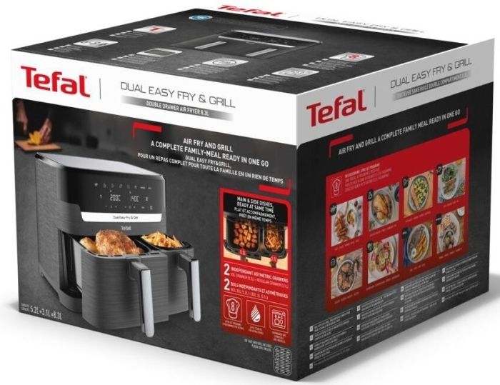 Мультипечь Tefal Dual EasyFry&Grill AirFryer, 2700Вт, чаша-5.2/3.1л, сенсорное управл., 2 чаши, гриль, пластик, черный
