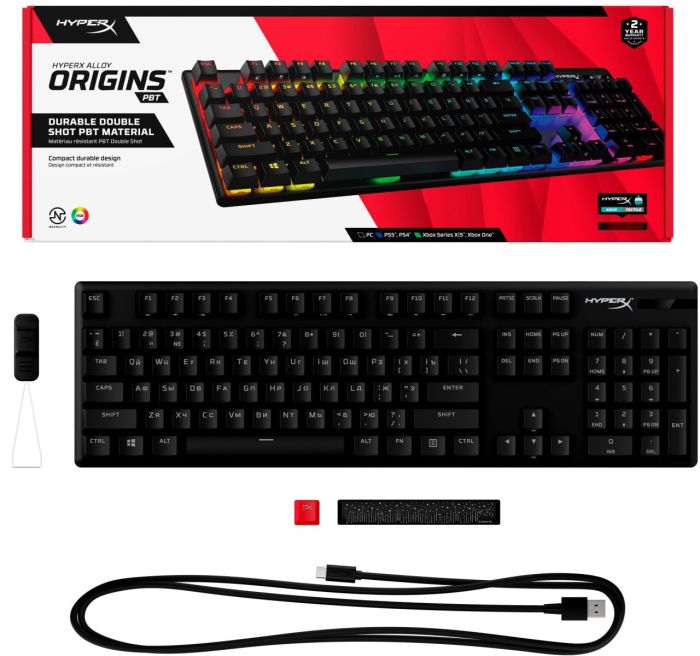 Клавиатура механическая HyperX Alloy Origins PBT 104key, AqUK, USB-A, EN/UA, RGB, черный