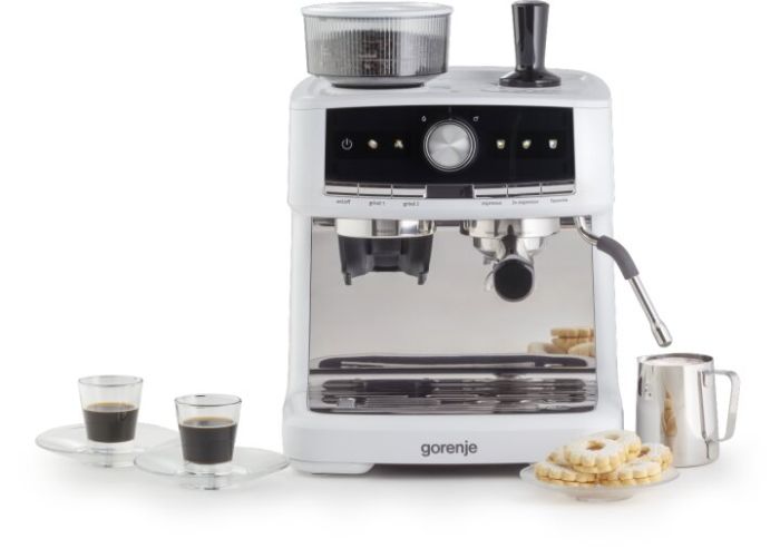 Кавоварка Gorenje ріжкова 2.5л, кавомолка 0,25л, капучинатор, кнопочне керування, білий