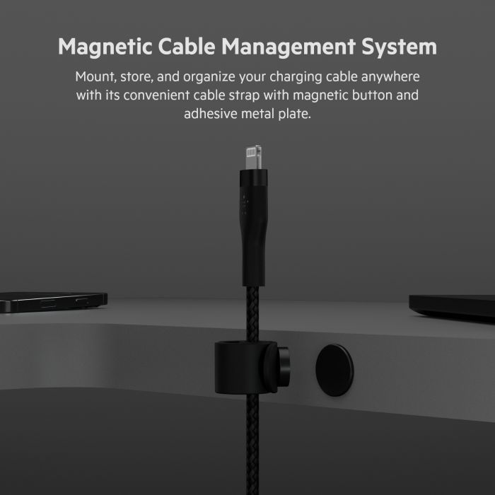 Кабель USB-C > Lightning заряджання/синхронізації Belkin 1м, Type-C, плетений, силіконовий, з ремінцем на магніті, чорний