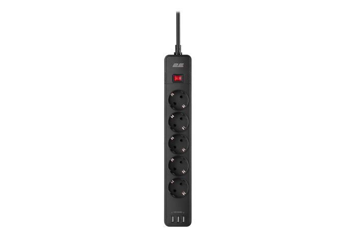 Удлинитель-фильтр сетевой 2E 5xТип F, 3x1.5мм кв, 16A, 3xUSB-A,с защитой от перенапряжения, 2м, чёрный