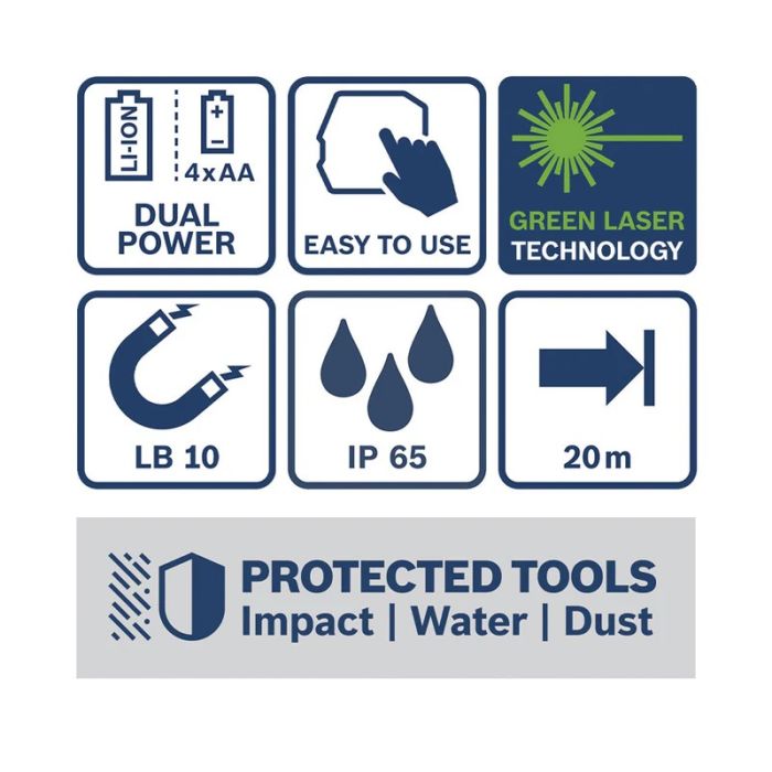 Нівелір лазерний Bosch Professional GLL 20-22 G 3.7В/4АА до 20м ±0.3мм/м зелений промінь чохол штатив IP 65 0.59кг