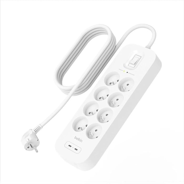 Удлинитель сетевой Belkin 2м, 8хТипE, 16А, USB-A/USB-C 18Вт, фильтр, белый