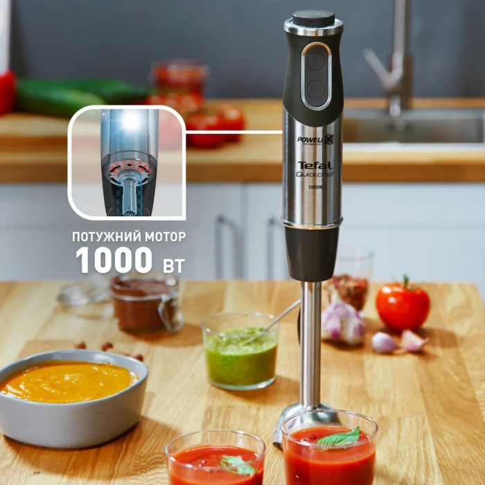 Блендер Tefal погружной Quickchef 1000Вт, 3в1, чаша-800мл, чопер-500мл, турборежим, серебристо-черный