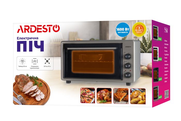 Печь электрическая ARDESTO, 45л, 1600Вт, механич., конвекция, двойное стекло, серый