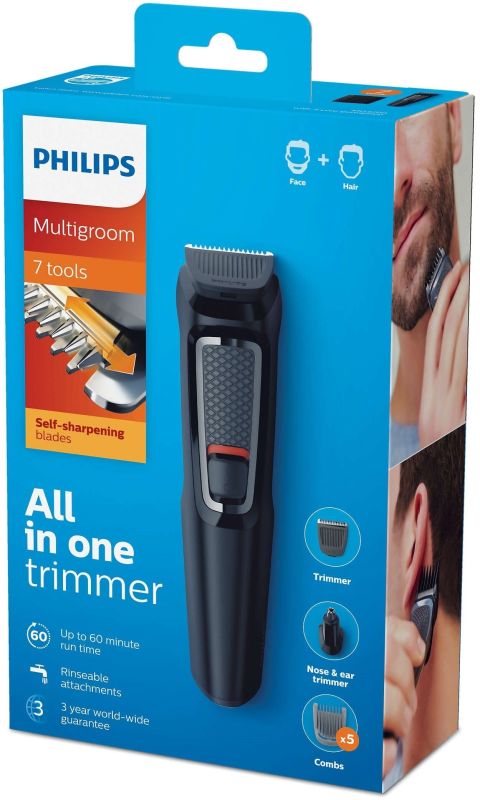 Триммер Philips Multigroom series 3000 для бороды, усов, головы, окантовки , акум., насадок-6, чехол, сталь, черный