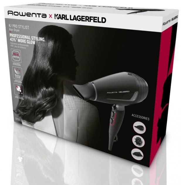Фен Rowenta x Karl Lagerfeld K/Pro Stylist, 2200Вт, режимов-3, иониз-я, дифузор, 2 концентратора, хол. обдув, черный