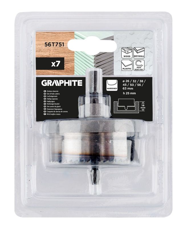 Коронки по дереву GRAPHITE закаленные зубцы 26-63х25мм 7шт