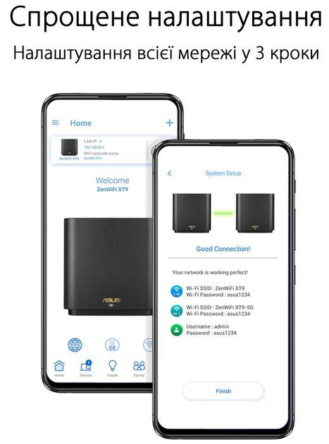 Система WiFi-Mesh ASUS ZenWiFi XT9 AX7800, 3xGE LAN, 1x2.5GE WAN, 1xUSB 3.2, 2 мод, чорний