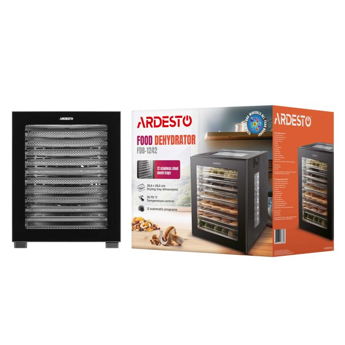 Сушарка для продуктів  Ardesto , 850Вт, піддонів -12x3см, макс-70°С, таймер, електр. управління, нерж., чорний ARDESTO FDB-1242