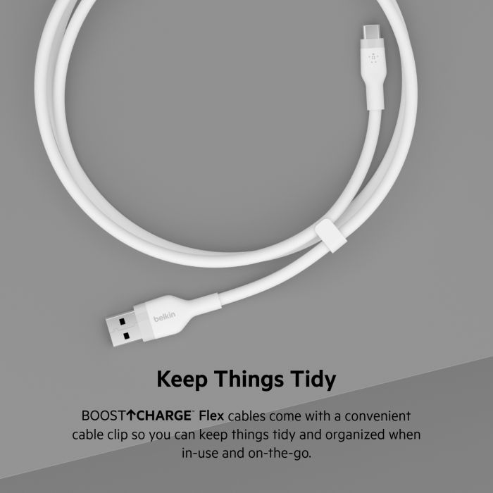 Кабель USB-A > USB-C заряджання/синхронізації Belkin 2м, 15Вт, Type-C, силіконовий з кліпсою, білий