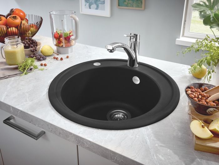 Мойка кухонная Grohe K200, композит, круглая, без крыла, 380х200мм, чаша – 1, врезная, черный гранит