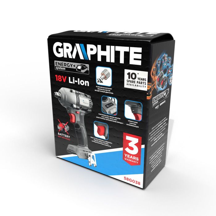 Гайковерт ударний GRAPHITE Energy+ 18В безщітковий 2600об/хв 450Нм 1/2" 3 швидкості 1.24кг без АКБ та ЗП
