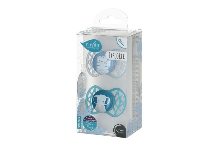 Пустышка Nuvita 7066 Air55 Explorer ортодонтическая 0m+ (тигр, слон) 2шт
