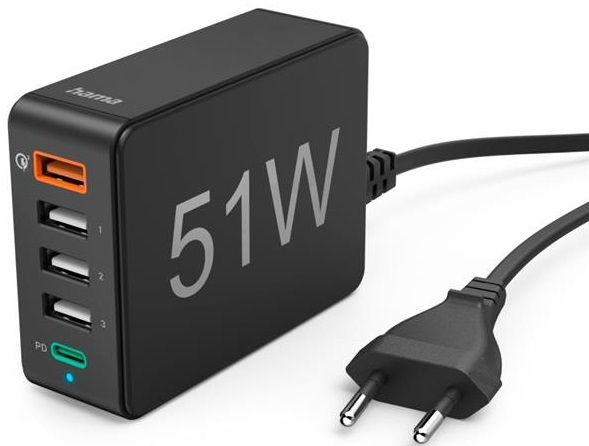 Зарядний пристрій мережевий Hama 51Вт 4хUSB-А/1хUSB-С, PD/QC, чорний