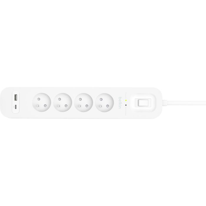 Удлинитель сетевой Belkin 2м, 4хТипЕ, 16А, USB-A/USB-C 18Вт, фильтр, белый
