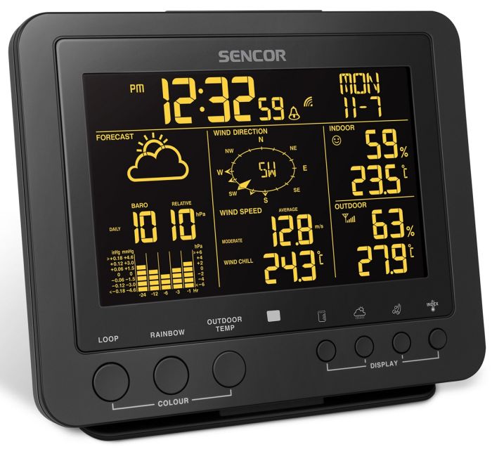Метеостанція Sencor, внутр/зовн вимірювання, від мережі/CR2032x1+AAx3, темп-ра, вологість, час, прогноз погоди, атмосферний тиск, шв. вітру, чорний
