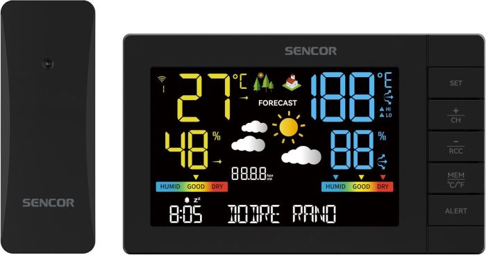 Метеостанция Sencor, внутр/наруж измерение, от сети/AAx3+AAx2, темп-ра, влажность, время, прогноз погоды, атмосферное давление, чёрный