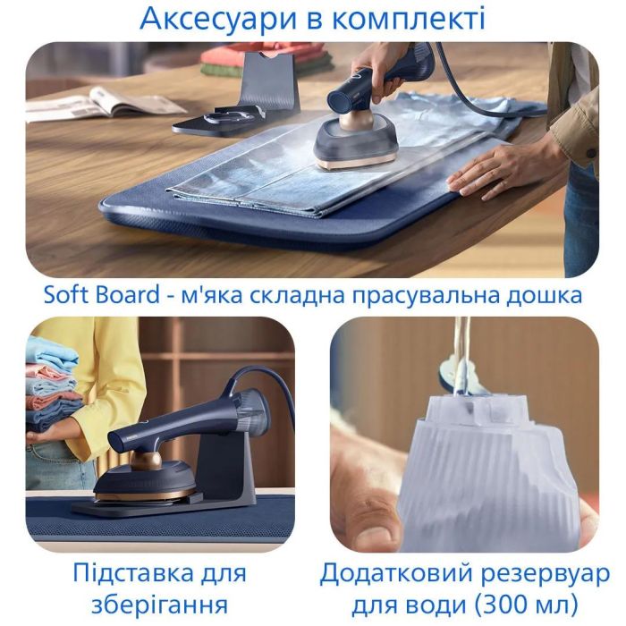 Відпарювач-праска Philips OneTurn, 1800Вт, 200мл, паровий удар -90гр, поворот для зміни типу девайса, алюміній, синій