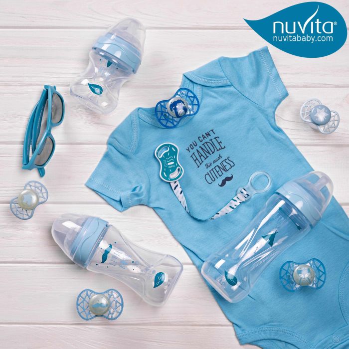 Пустушка Nuvita Air55 Cool 6міс+, симетрична, з ковпачком, світиться у темряві, вуса, блакитний