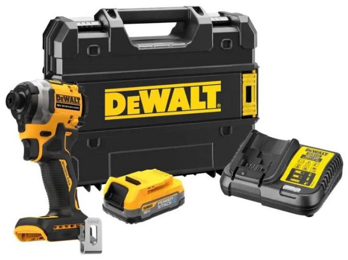 Шуруповерт ударный аккумуляторный DeWalt XR Li-Ion 18В бесщеточный PowerStack 1х1.7А·час 206 Нм 3250об·мин 3800уд/мин кейс и ЗП 0.95кг