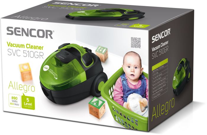 Пылесос Sencor контейнерный Allegro, 890Вт, конт пыль -1.5л, НЕРА, черно-зеленый