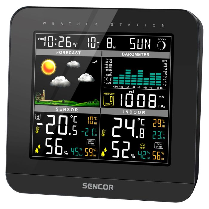 Метеостанция Sencor, внутр/наруж измерение, от сети/AAAх3+AAx2, темп-ра, влажность, время, прогноз погоды, атмосферное давление, чёрный