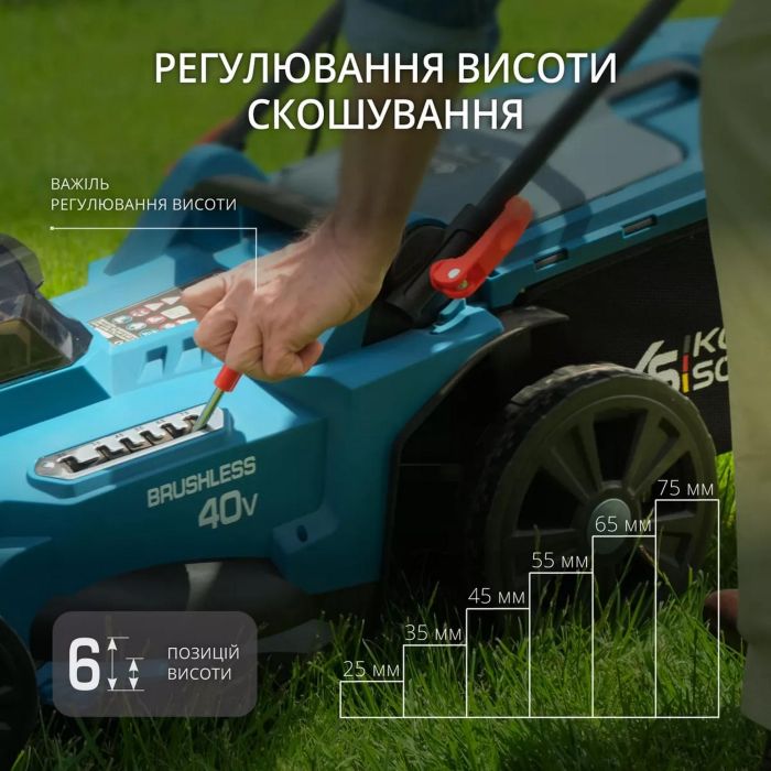 Газонокосарка акумуляторна Konner&Sohnen KS 43LM-40V 40В(20+20) акб 2х4А·год 43см 50л 25-75мм 15.5кг