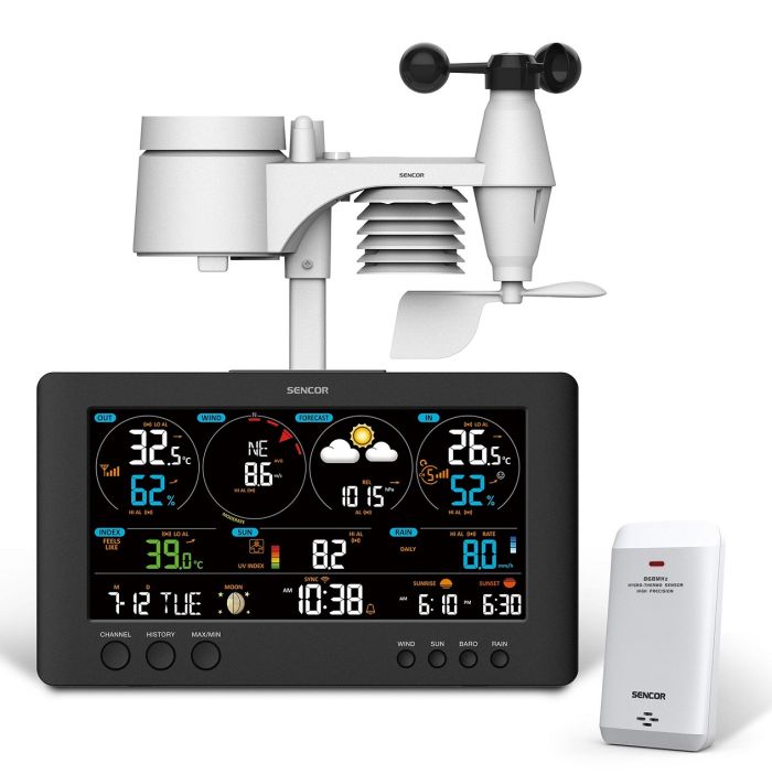 Метеостанция Sencor, внутр/наруж измерение, от сети/CR2032x1+AAx2+AAx3, темп-ра, влажность, время, прогноз погоды, атм. давление, скор. ветра, подкл. К WIFI, чёрный