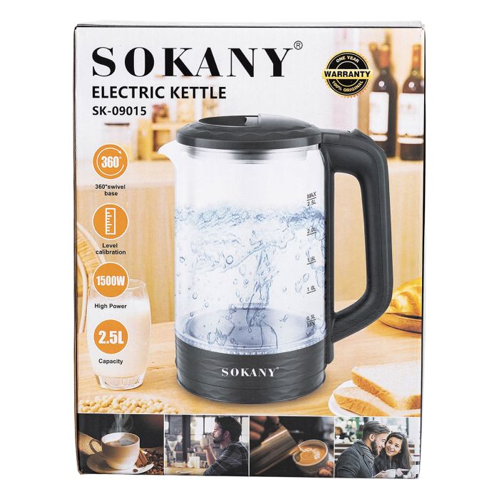 Електричний чайник скляний 2.5 л Sokany SK-09015 дисковий 1500 Вт
