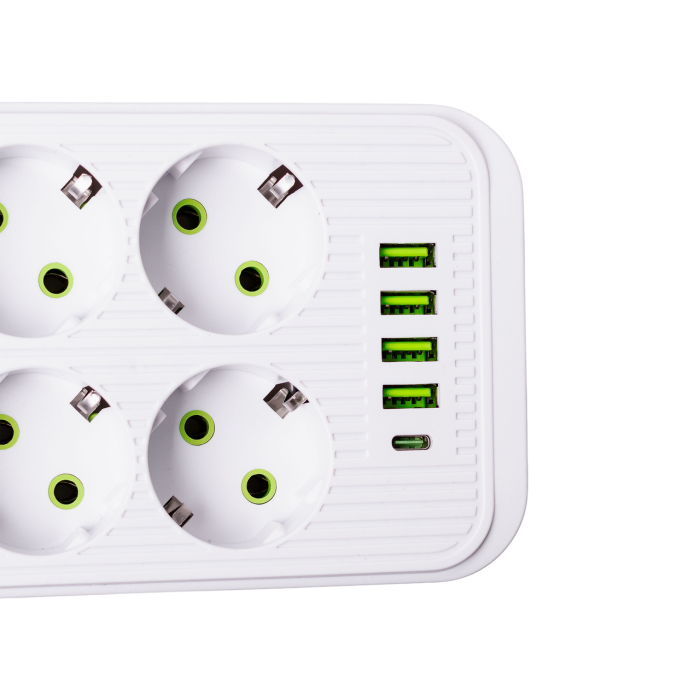 Мережевий фільтр подовжувач F06U на 6 розеток 4 USB 1 Type-C та кнопкою відключення 3 м Білий HP-5-23