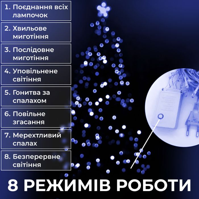 Гірлянда нитка 10м на 200 LED лампочок світлодіодна чорний провід 8 режимів роботи Синій M200LEDBL