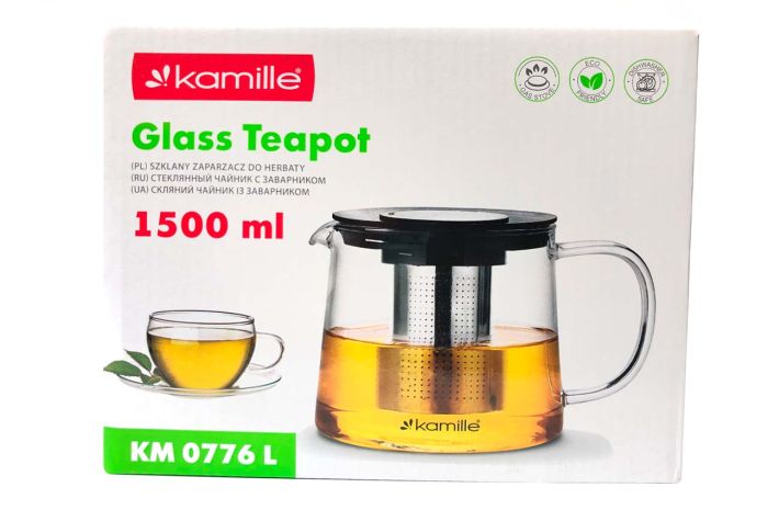 Чайник стеклянный огнеупорный Kamille 1500мл с заварником (0776L)