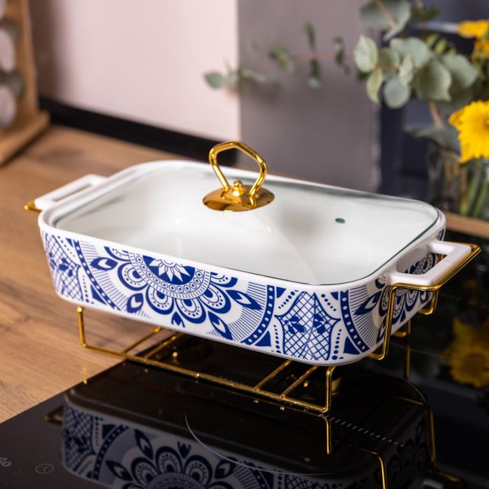 Марміт порцелянаовий із скляною кришкою 38х18.5х15.5 см на металевій підставці 1.5 л SA1107-B