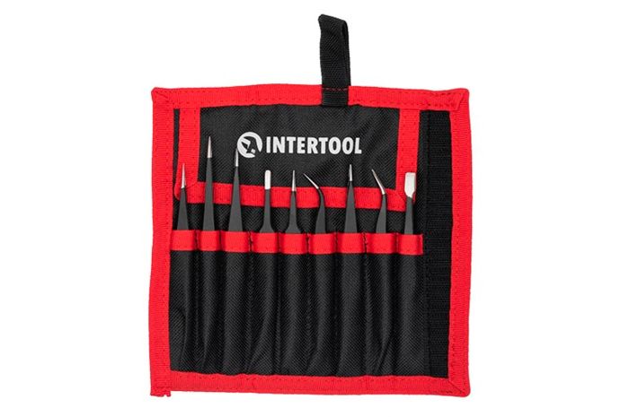 Набір пінцетів радіотехнічних Intertool 120-140мм в чохлі (9шт) (NT-6002)