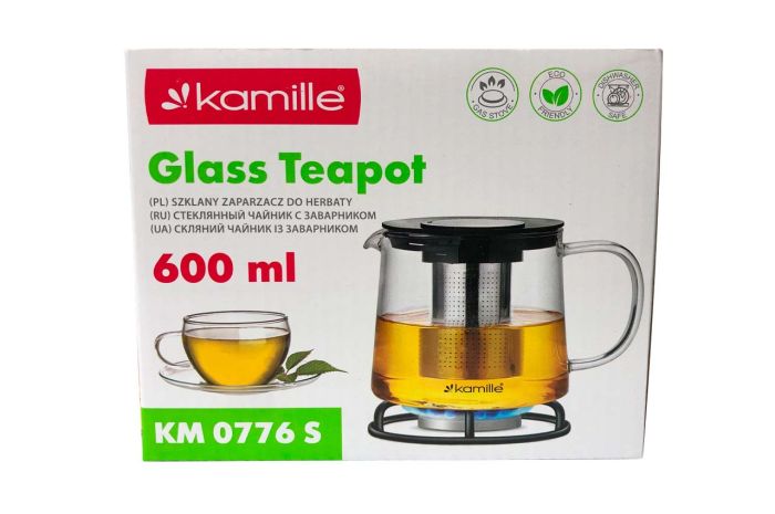 Чайник скляний вогнетривкий Kamille 600мл із заварником (0776S)