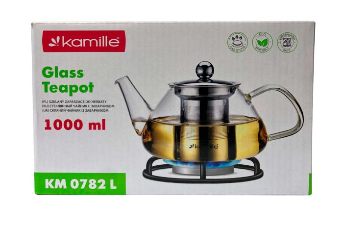 Чайник стеклянный огнеупорный Kamille 1000мл с заварником (0782L)