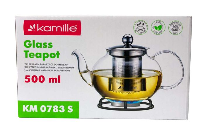 Чайник стеклянный огнеупорный Kamille 500мл с заварником (0783S)
