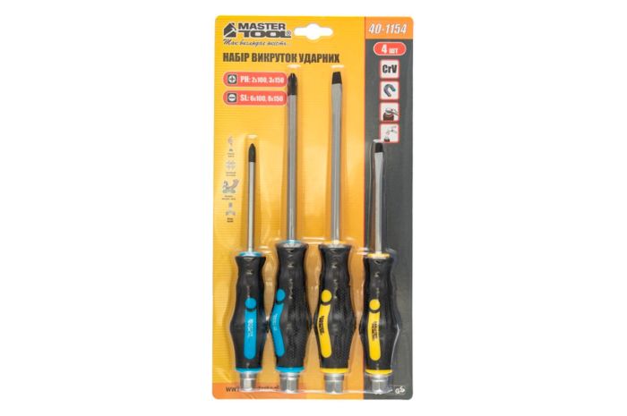 Набір викруток ударних Mastertool PH2 x PH3 x SL6 x SL8 (4шт) (40-1154)